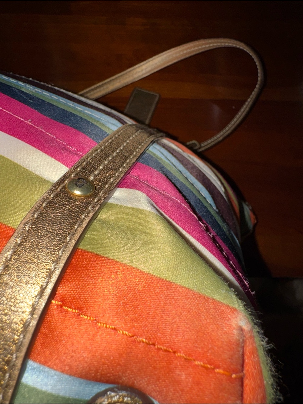 Coach Legacy Stripe Tote C0868-12421 Multicolor Sateen Gold Leather Trim - Picture 7 of 16